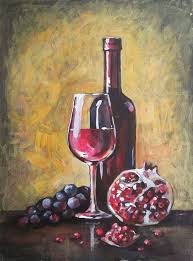 Bottle of Red Wine with Grapes Still Life Painting
