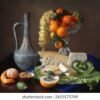 Bottle of Red Wine with Grapes Still Life Painting