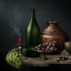 Bottle of Red Wine with Grapes Still Life Painting