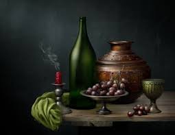 Bottle of Red Wine with Grapes Still Life Painting